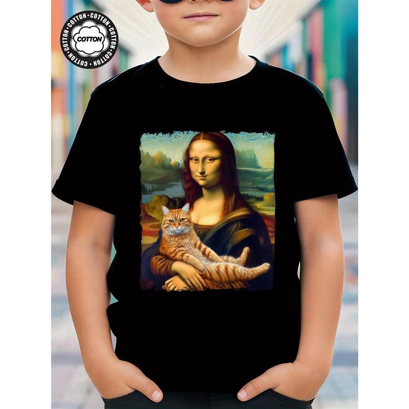 Boys summer interesting creative pattern T-shirt, light and comfortable, casual summer crew-neck short-sleeved top,...