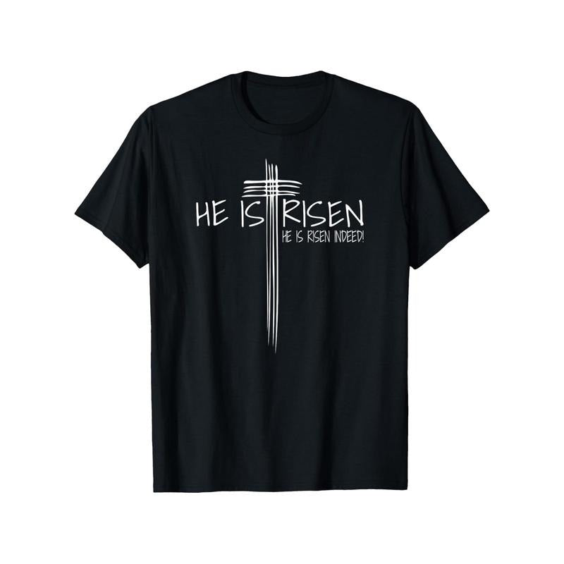 Breathable Fabric | Men's 'He Is Risen' Easter T-Shirt - Black Cotton Casual Shirt with Cross Design, Comfortable &...