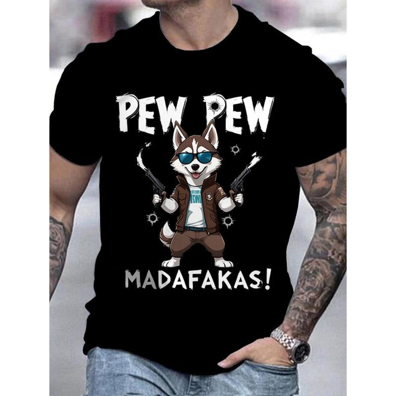 Breathable Polyester Men's Sports T-Shirt with Husky Dog Cartoon & Pew Pew Meme, Crew Neck Short Sleeve Regular Fit,...