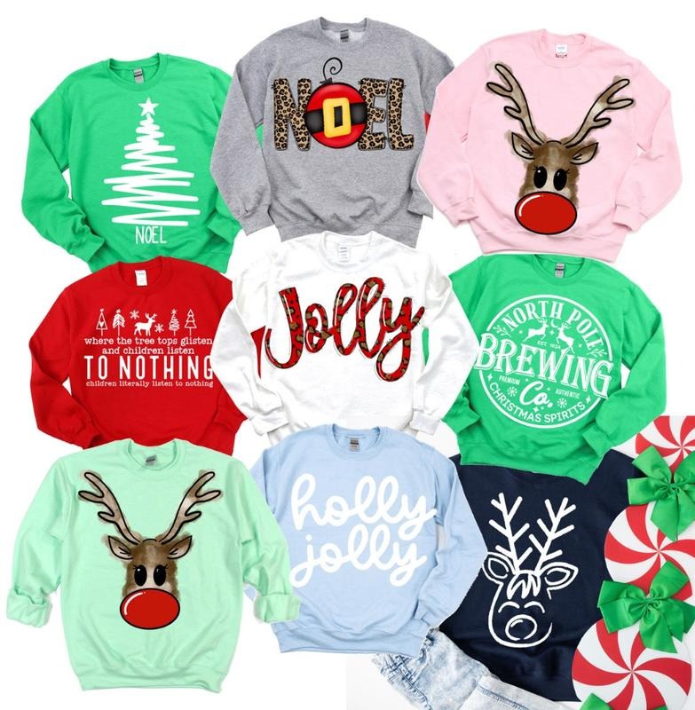 Bright Christmas Sweatshirt Noel Fun Christmas Pullover Holiday Jolly PUllover Santa and Reindeer Holly Sweatshirt...