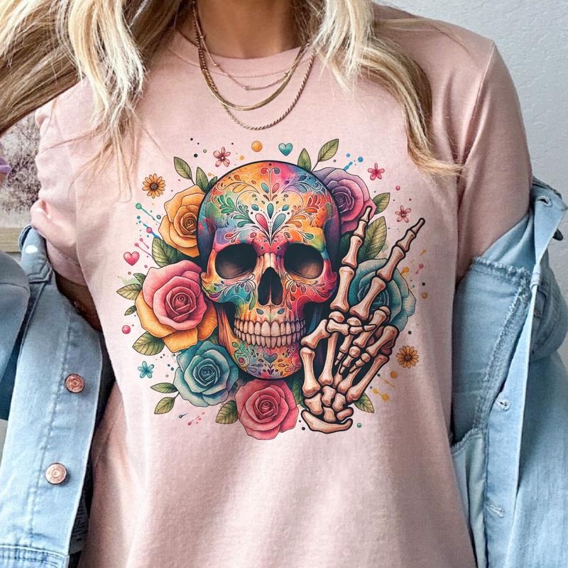 Bright Floral Sugar Skull Tee Floral Skeleton Tshirt Sugar Skull Girly Top Womens Skull Tee Hoodie, Sweatshirt