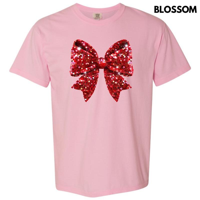 Bright Red Faux Sequin Bow Comfort Colors T-Shirt 'NLB' Hoodie, Sweatshirt | HypeCrazeTee.com