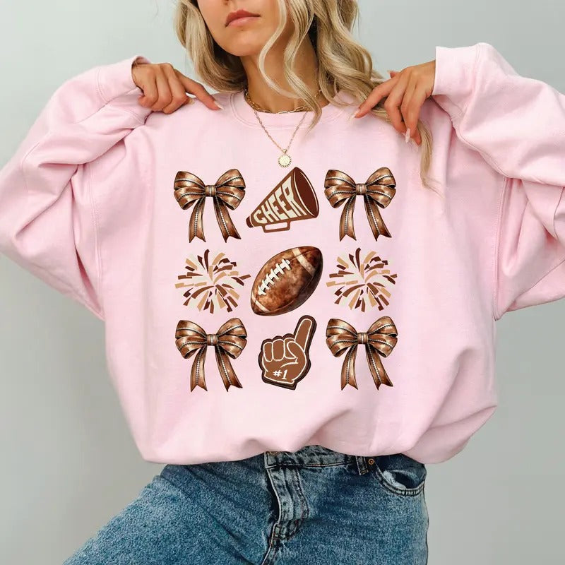 Brown Coquette Bow Football Sweatshirt, Girly Football Crewneck for Girls, Brown Team Game Day Sweatshirt, Cheerleading...