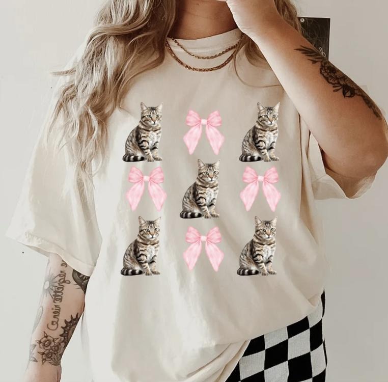 Brown Tabby Cat with bows Shirt ~ Unisex Apparel Relaxed Fit Printed In The USA Clothing Womenswear Casual Comfort Cotton...