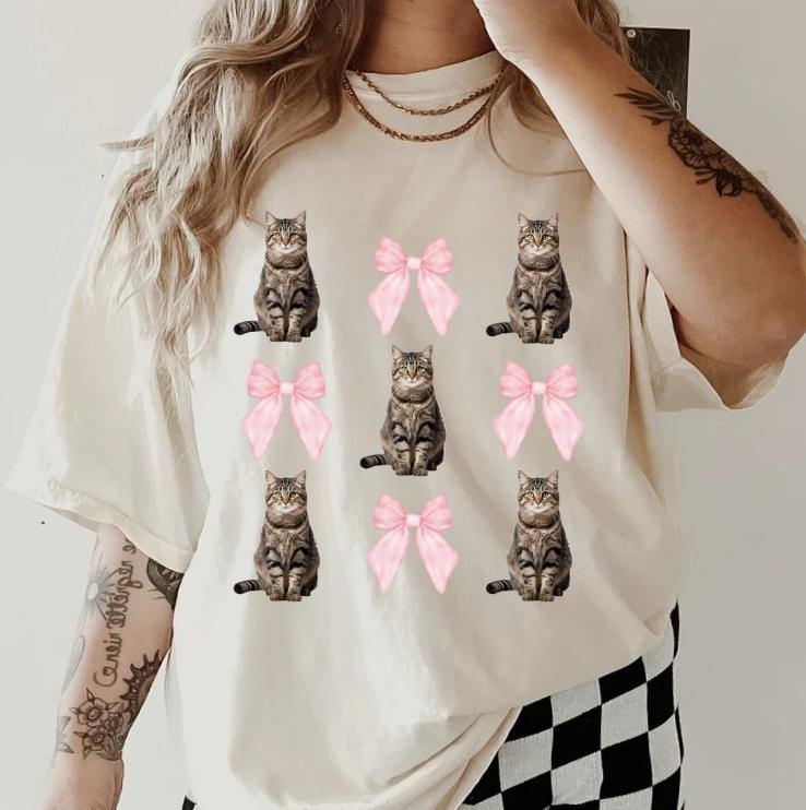Brown Tabby Cat with bows Shirt ~ Unisex Apparel Relaxed Fit Printed In The USA Clothing Womenswear Casual Comfort Cotton...