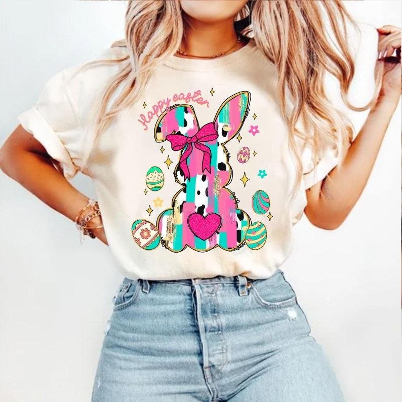 Brushstroke Bunny T-shirt, Preppy Coquette, Girly Easter, Bunny Bow Hoodie, Sweatshirt | HypeCrazeTee.com