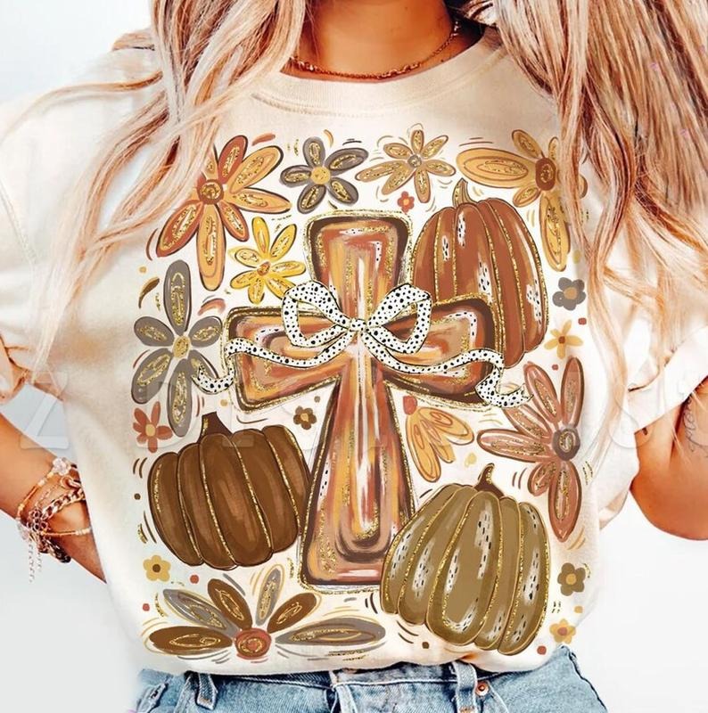 Brushstroke Coquette Fall Cross Preppy Floral Autumn Pumpkins Shirt, Boho Flowers Bow Christian Tee, Faith Gift, Jesus...