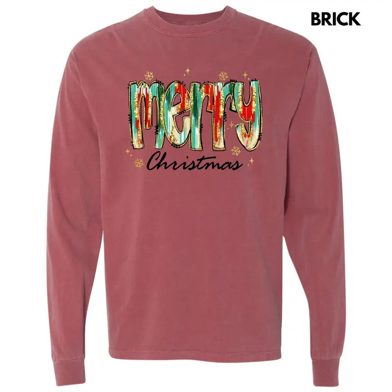 Brushstroke Merry Christmas Long Sleeve Comfort Colors T-Shirt 'NLB' Hoodie, Sweatshirt | HypeCrazeTee.com