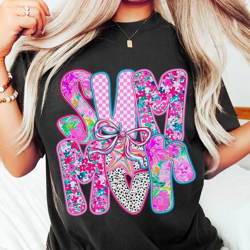 Brushstroke Summer Floral Coquette Bow Tee, Retro Hello Summer Shirt, Summer Vibes Brushstroke Hand Drawn Tee, Gift for...
