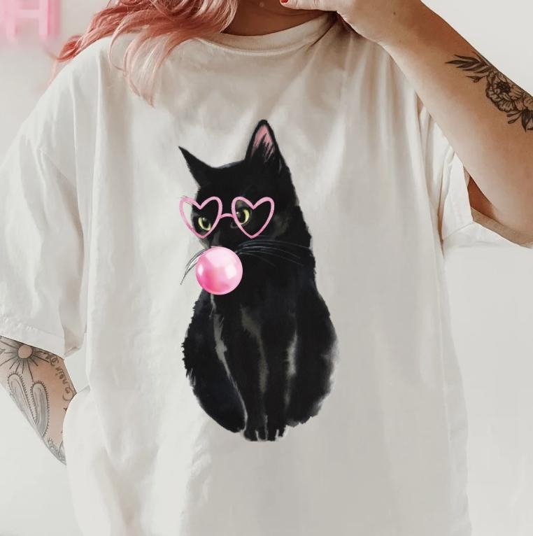 Bubblegum Black Cat Shirt ~ Unisex Apparel Relaxed Fit Printed In The USA Clothing Womenswear Casual Comfort Cotton Top...