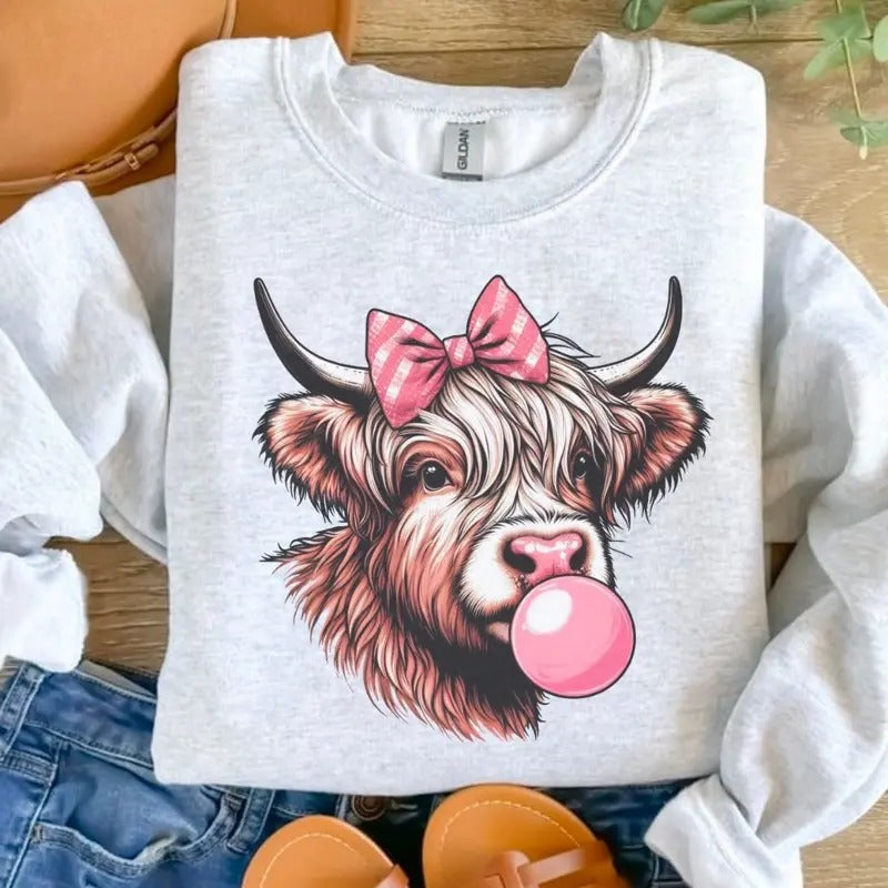 Bubblegum Highland Cow Ash Grey Sublimation Sizing Cow T-Shirts, Hoodie, Sweatshirt