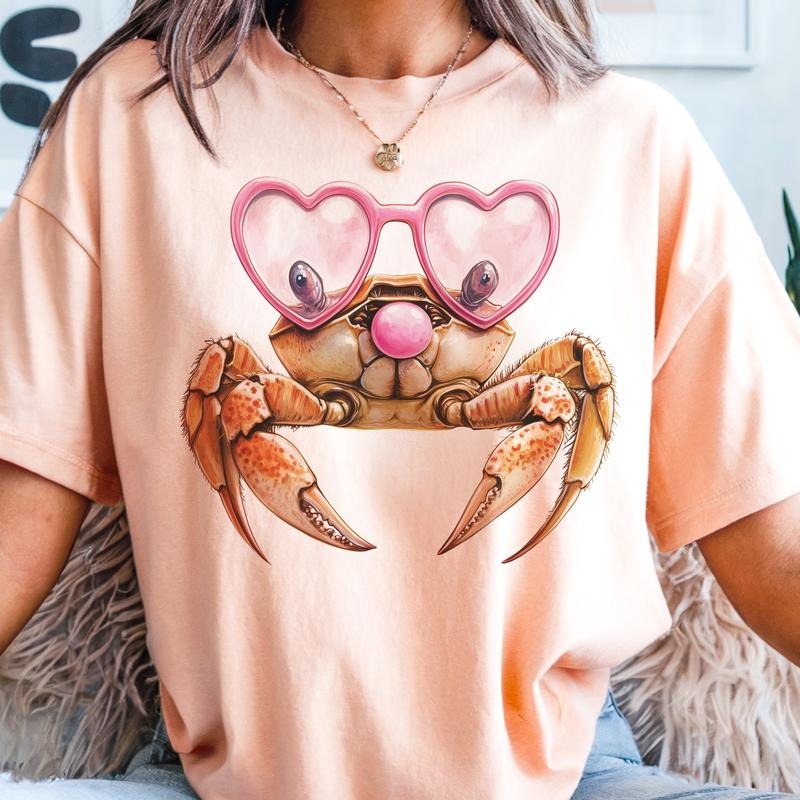 Bubblegum Summer Flamingo Heart Sunglasses Crab Beach Vacation Casual Short Sleeve Tops Fun Beach Days T-Shirts, Hoodie, Sweatshirt