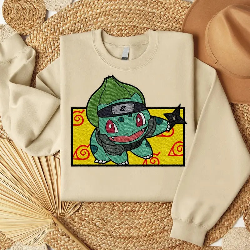Bulbasaur Shinobi Embroidered Sweatshirt, Konoha Embroidered Shirt, Anime Embroidered Shirt Hoodie | HypeCrazeTee.com
