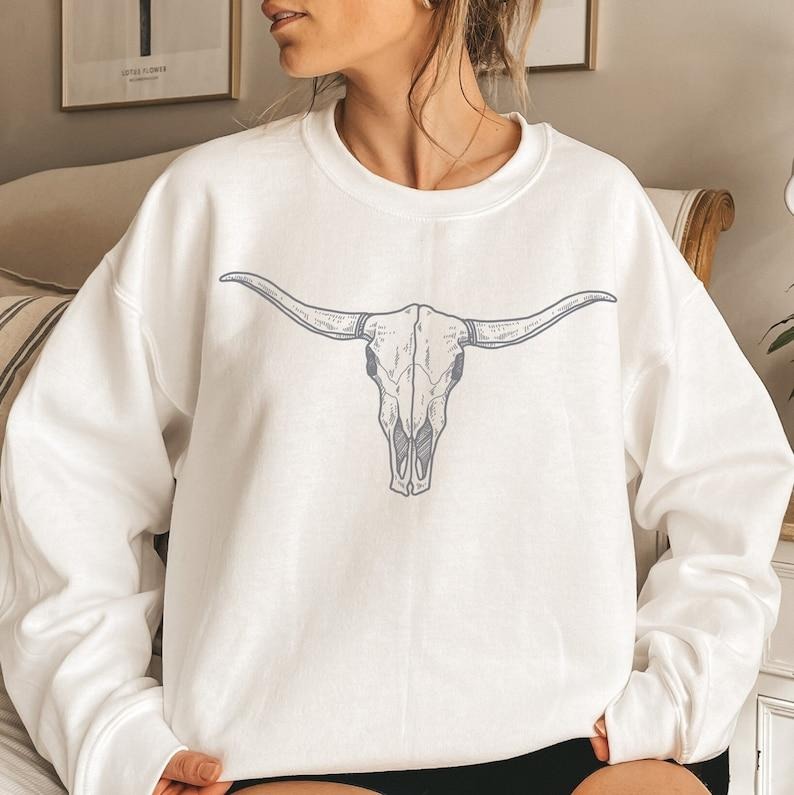 Bull Skull Sweatshirt, Cowgirl Sweatshirt, Western Shirt, Rodeo Shirt, Western, Cowgirl, Country Hoodie and Sweater;...