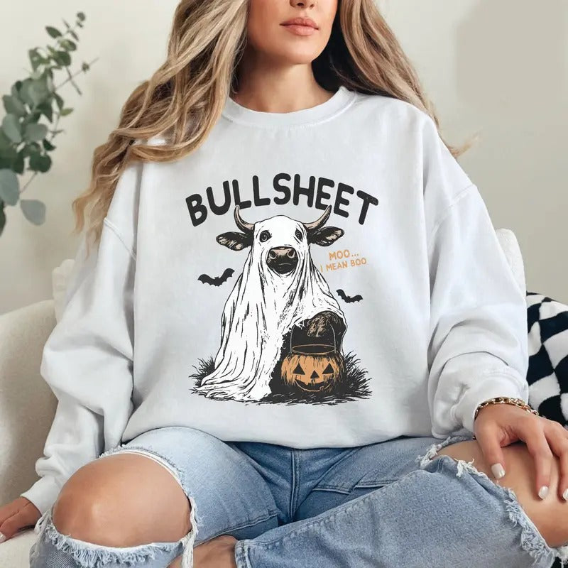 Bullsheet Moo I mean Boo Funny Halloween Cow T-shirt Sweatshirt, Pumpkin Spooky Season Unisex Classic T-Shirts in All...