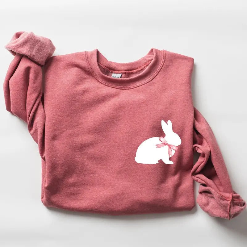 Bunny Wearing A Bow, Pocket Print, Easter Rabbit Sweatshirt, Women's Crew Neck, Crewneck T-Shirts, Hoodie | HypeCrazeTee.com