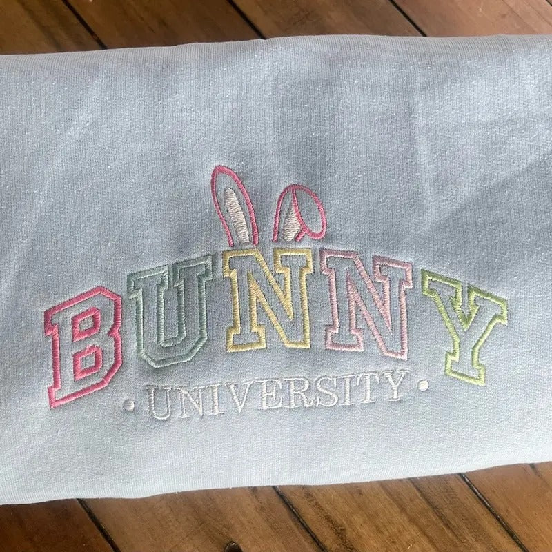 Bunny university embroidered comfort colors t-shirt, embroidered Easter t-shirts, spring shirt, cute Easter shirts,...