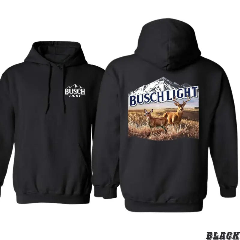 Busch Light Hoodie - Majestic Deer and Mountain Scene, Unisex Outdoor Adventure Sweater for Nature Enthusiasts and...