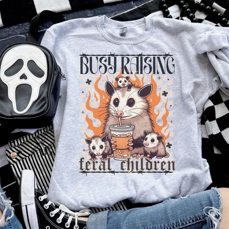 Busy Raising Feral Children Raccoon Opossum Ash Grey Sublimation Funny T-Shirts, Hoodie, Sweatshirt