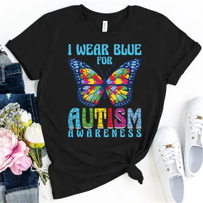Butterfly I Wear Blue For Autism Awareness Printing T Shirts Cotton Tee Earthy Black Women Outfits Hoodie, Sweatshirt