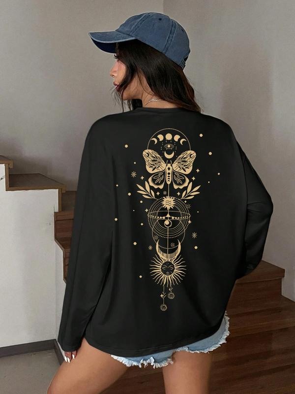 Butterfly Moon Print Loose T-Shirt, Y2K Minimalist Long Sleeve Tee, Casual Streetwear, Vintage Comfortable Unique Design...
