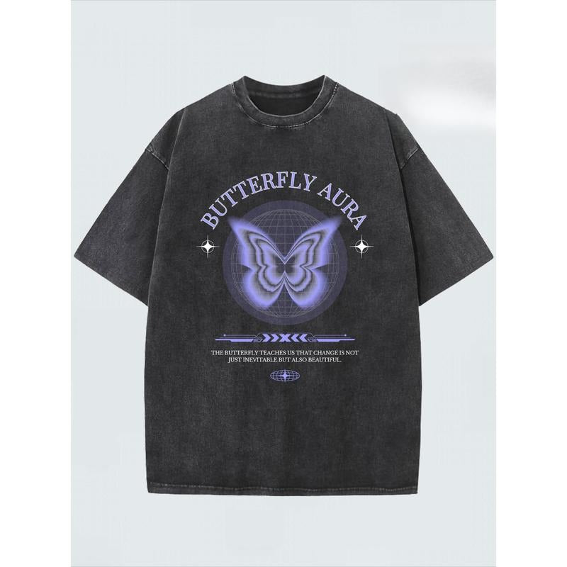 Butterfly Pattern And BUTTERFLY AURA Letter Print T-shirt, Pure Cotton Short Sleeve Tee, Summer Washed Retro Top For...