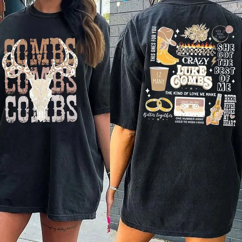 C0mbs Bullhead 2 Sides T Shirt, Country C0mbs Music Shirt, World Tour Apparel, Vintage Western Tee, Unisex Short Sleeve...