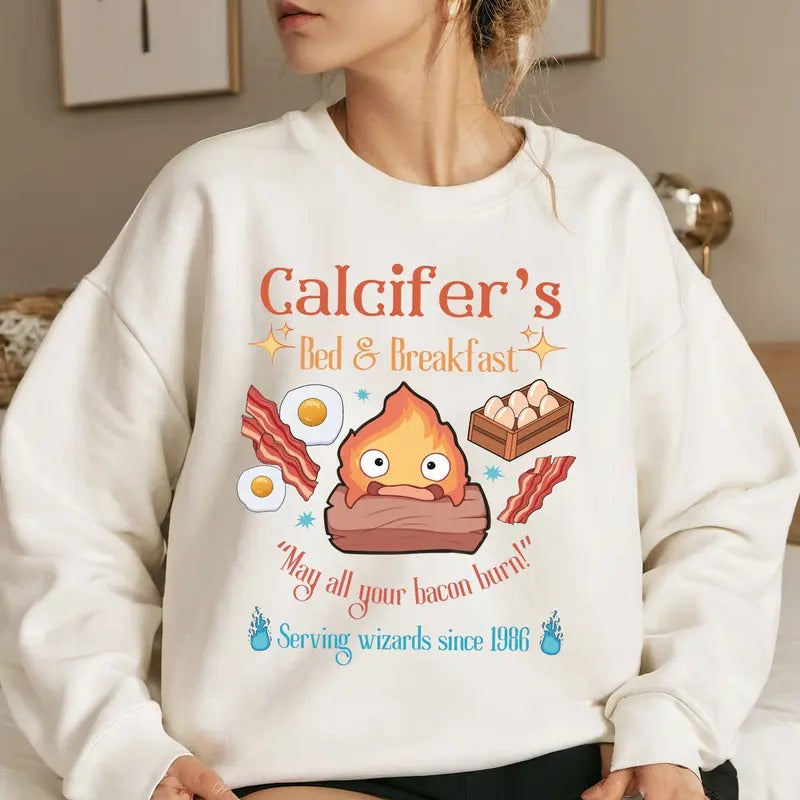 Calcifer's Bed & Breakfast May All Your Bacon Burn Characters Anime Lovers Shirt Crewneck Hoodie, Manga Shirt Sweatshirt