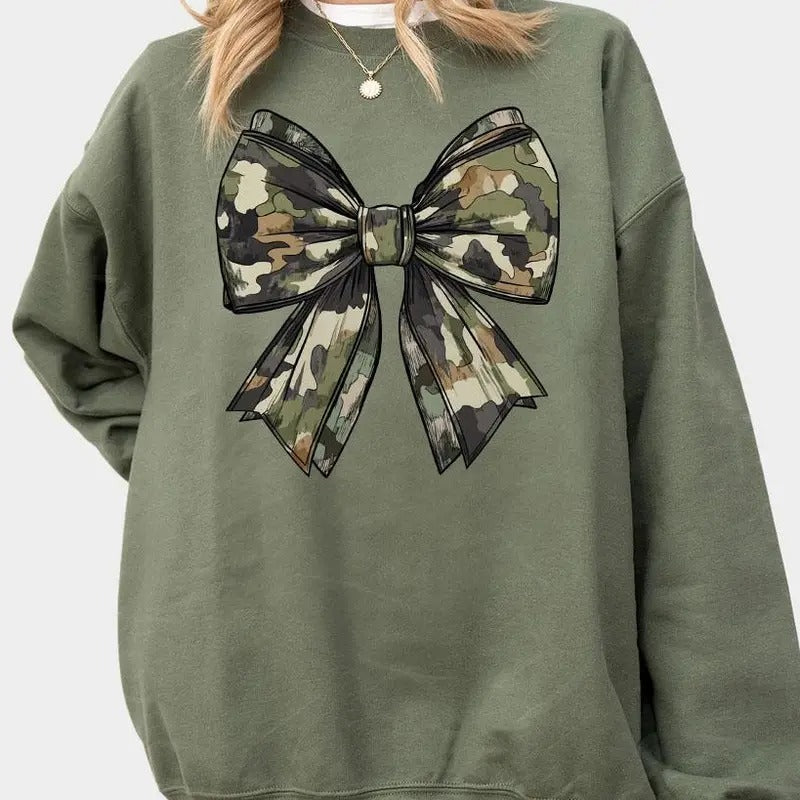 Camo Bow Sweatshirt, Camo Coquette Bow Shirt, Hunting Shirt, Old School Camo Shirt, Fall Shirt, Women's Camouflage Bow...