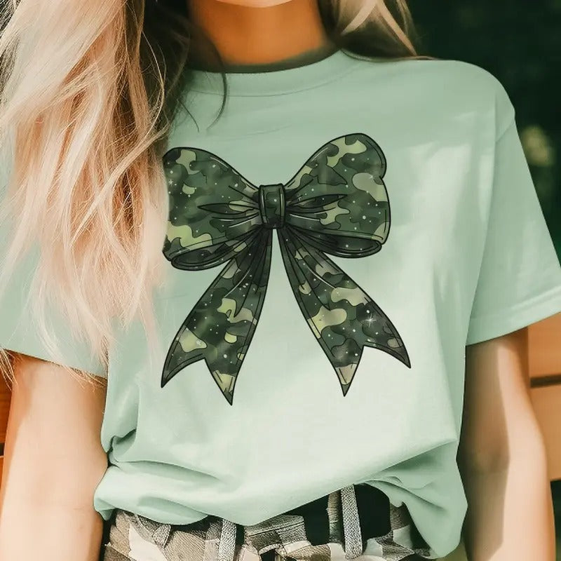 Camo Bow Tee Camo Bow Tshirt Girly Camo Bow T-Shirt Girly Camouflage Bow Tees Coquette Tshirt Coquette Camo Tops Womens...