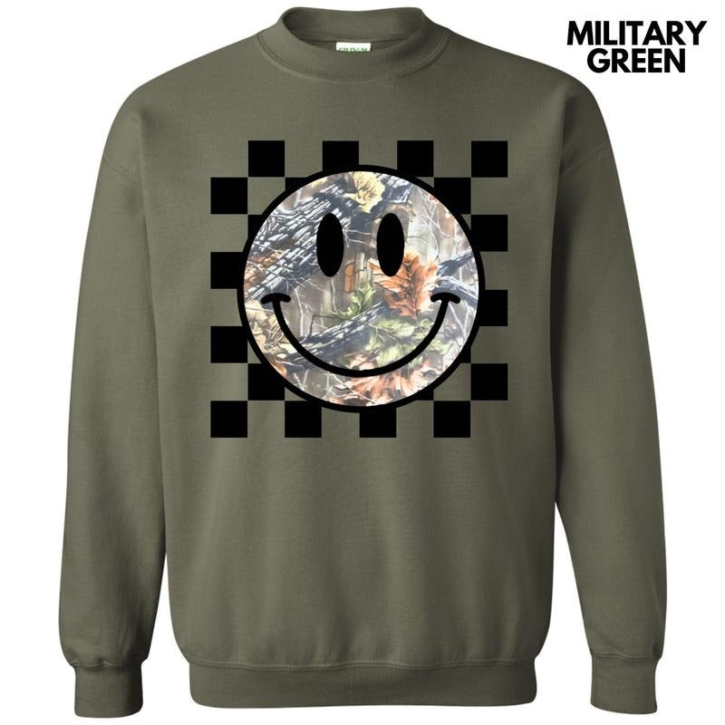 Camo Checker Happy Face Sweatshirt 'NLB' T-Shirts, Hoodie | HypeCrazeTee.com