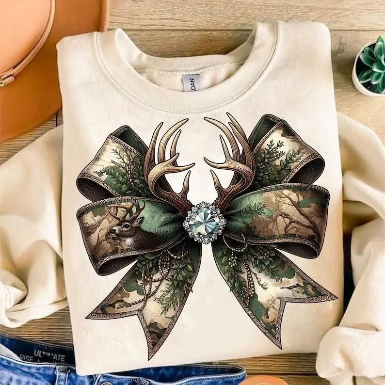 Camo Coquette Bow Sweatshirt Camouflage Bow Tops T-Shirts, Hoodie | HypeCrazeTee.com