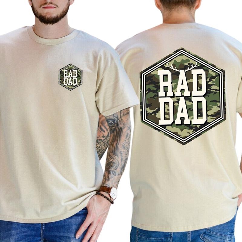 Camo Hunting Rad Dad 2-Sided Shirt, Camouflage Daddy Graphic Tee, Cool Dad Club T-shirt, Dad Life Hunter Tops, Dada Papa...