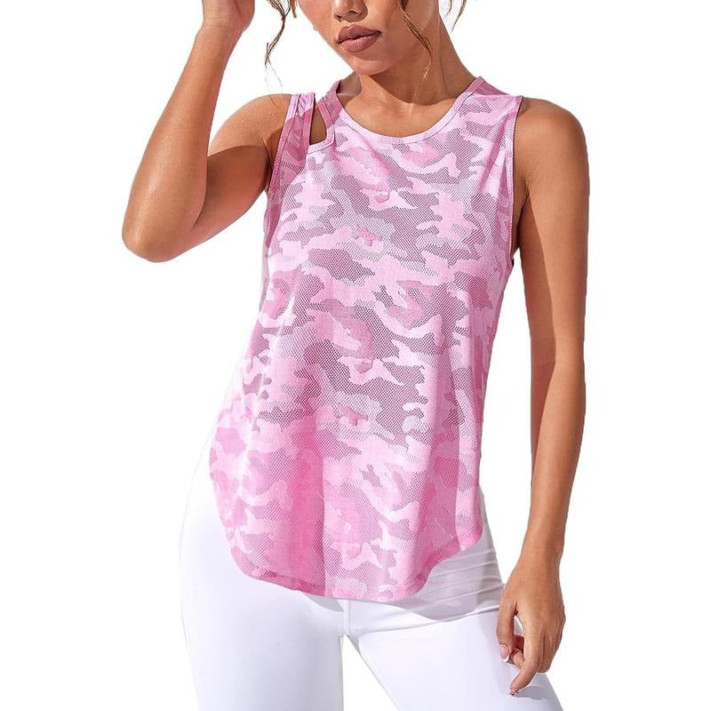 Camo Print Workout Tank Top Cut Out Sleeveless Yoga Running Athletic Shirts Hoodie, Sweatshirt | HypeCrazeTee.com