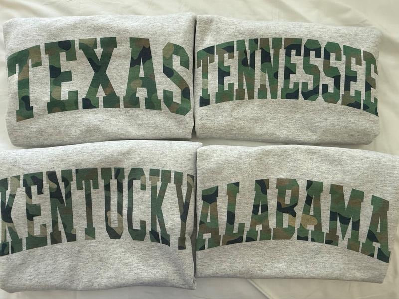 Camo State Name Comfortable Fall Varsity Crew Neck Texas Tennessee Kentucky Alabama T-Shirts, Hoodie, Sweatshirt