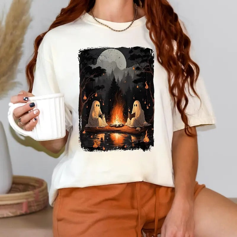 Camping Halloween Ghost Reading Book Shirt, Halloween Costume, Spooky Season Shirt, Women Fall Tshirt, Halloween Party...