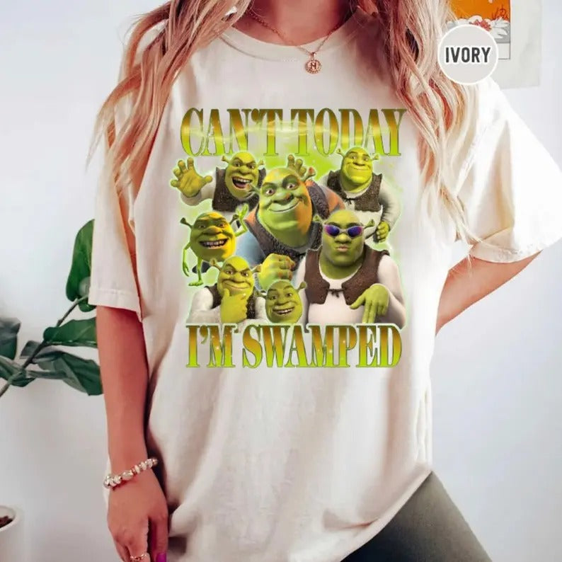 Can't Today I'm Swamped  T-Shirt, Shrek Funny Trending T-Shirt, Fiona and Shrek T-Shirt, Funny Shrek Tee, Shrek Face Meme...