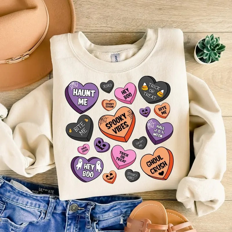 Candy Hearts Halloween SweatShirt, Spooky Vibes Shirt, Halloween Shirt Design, Pumpkin Halloween, Halloween candy Shirt...