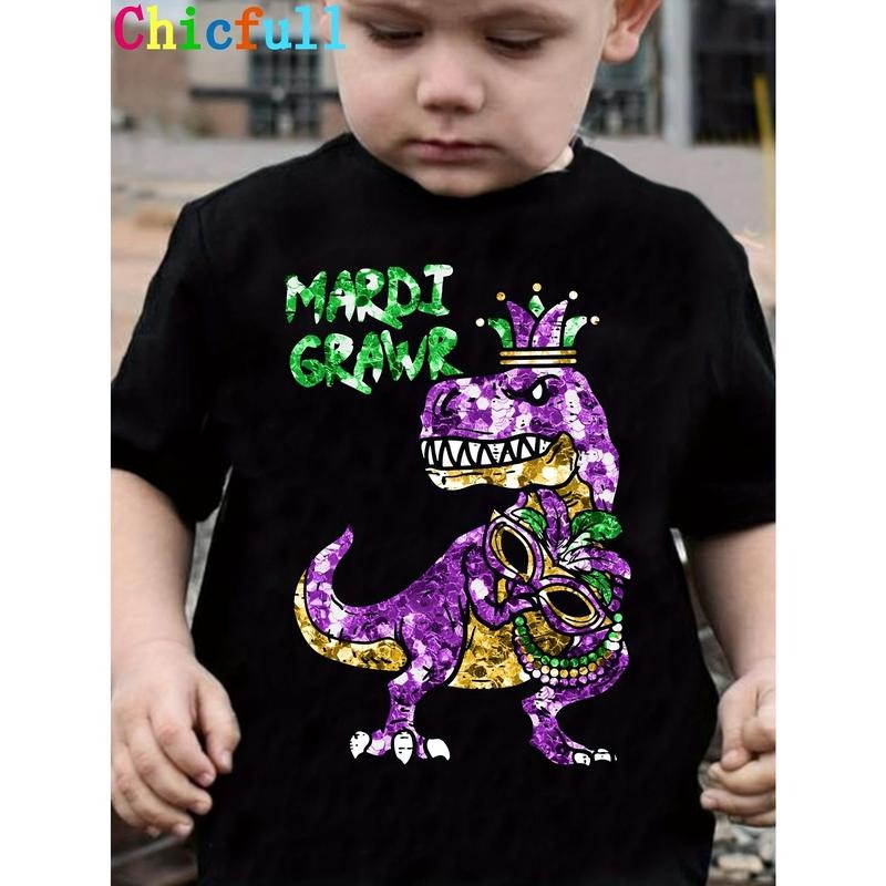 Carnival  Boy MARDI GRAWR Realistic Glitter Dinosaur Print Stylish Creative Versatile Round Neck T-Shirt Hoodie, Sweatshirt