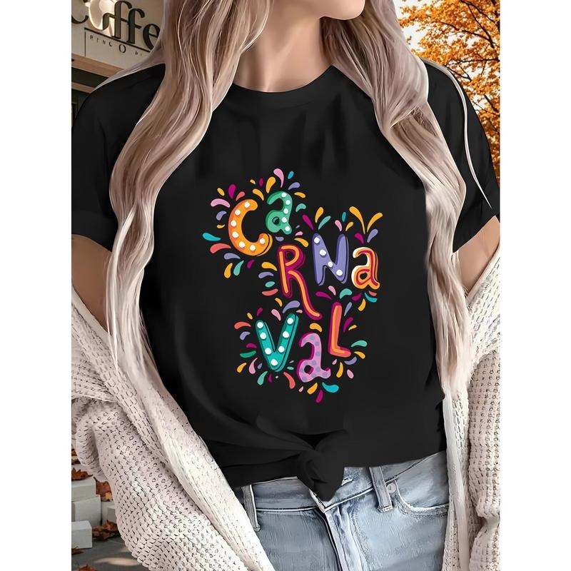 Carnival! Happy Carnivalgift 1pc New Women'S T-Shirt, Summer, Pure, Printed, Short Sleeved Top, Black And White Optional,...