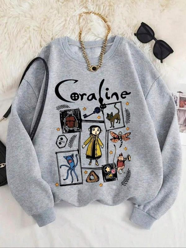 Cartoon & Letter Print Sweatshirt, Warm Long Sleeve Casual Top, Loose Fit Thick Fabric, Perfect for Fall & Winter Daily...