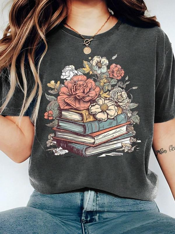 Cartoon Floral & Books Print Round Neck Comfort Color Tee, Fashion Casual Short Sleeve T-shirt, Ladies Summer Clothes for...