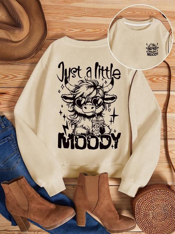 Cartoon Highland Cow Print Pullover Sweatshirt for Women, Casual Loose-Fitting Design, Long Sleeve Top for Daily and...
