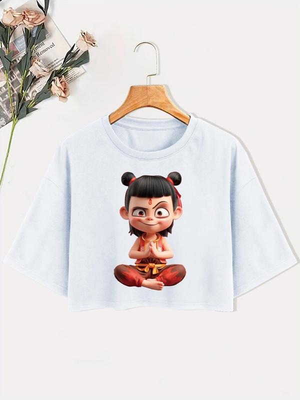 Cartoon Nezha Print Round Neck Tee, Casual Short Sleeve T-shirt for Summer, Women's Top for Daily Wear Hoodie, Sweatshirt