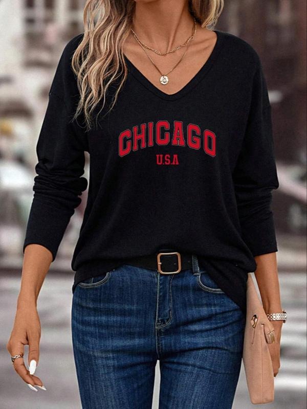 Women's Letter / Cartoon Print V Neck Tee, Casual Long Sleeve T-shirt for Fall & Winter, Ladies Top for Daily Wear...