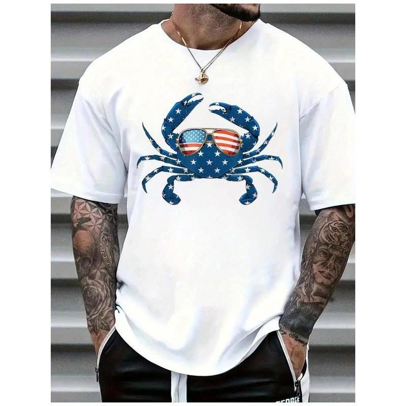 Casual Crew Neck T-Shirt - Cotton fabric, comfortable fit, short sleeves, printed design, suitable for men's graphic...