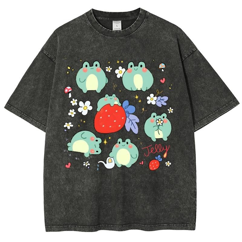 Casual Cute Strawberry Frog Unisex Summer outfits men streetwear 80s 90s graphic tees cotton funny washed tshirt men...