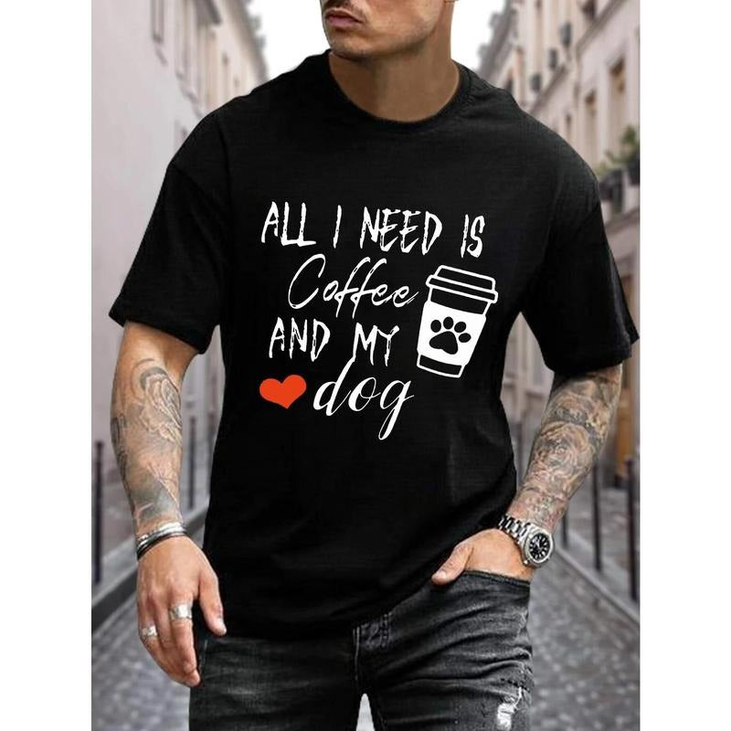 Casual Geometric Pattern Short Sleeve Coffee And My Dog Print T-Shirt for Men - Relaxed Fit, Slight Stretch Fabric, Crew...