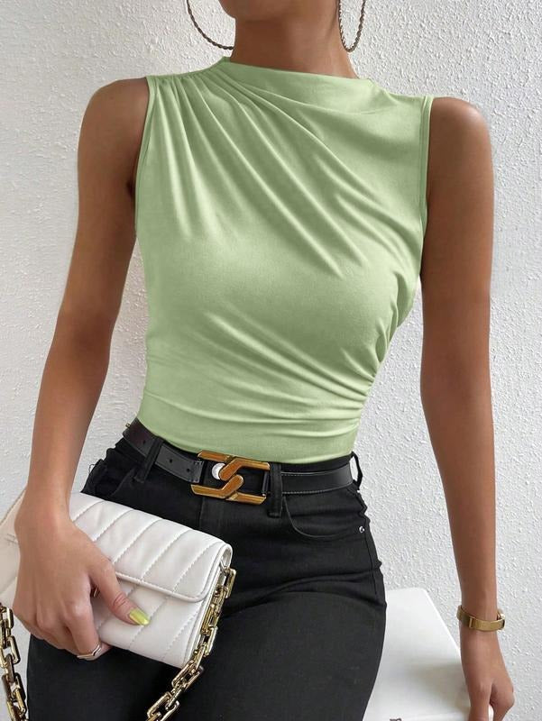 Casual Ruched Mock Neck Tank Top Sleeveless Slim Fit Work Shirt Tops Hoodie, Sweatshirt | HypeCrazeTee.com