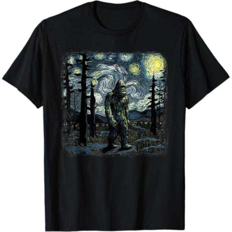Casual T-shirt Bigfoot Starry Night Sasquatch Van Gogh Sky Painting Art T-Shirt Graphic Graphic Tees Hoodie, Sweatshirt